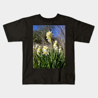 White and Yellow Daffodils Against a Blue California Spring Sky Kids T-Shirt